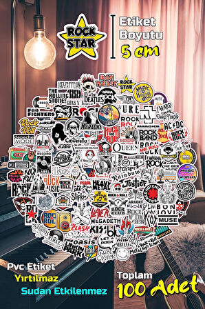 Rock Müzik Rock'n Roll Sticker Etiket Seti 5cm - 100 Adet