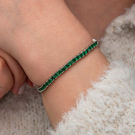 Gümüş Yeşil Zirkon Taşlı Su Yolu Kadın Bileklik