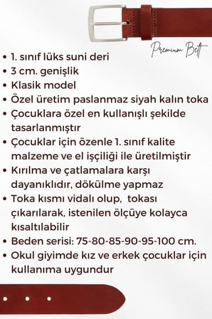 Kahverengi Çocuk Boy Suni Deri Dikişli Model 3 cm.lik Garson Klasik Kemer Okul Kemeri - G9