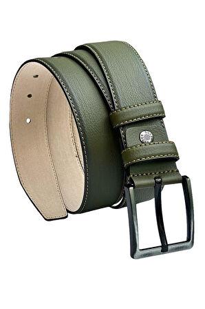Haki Yeşil Suni Deri Dikişli 4 cm.lik Klasik Kemer - 7400-810