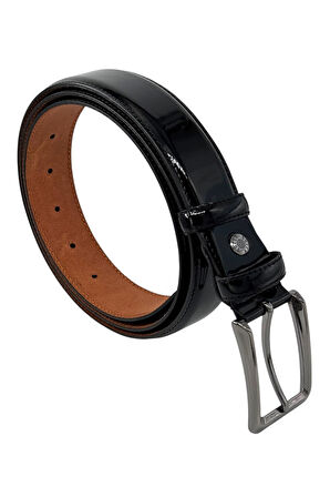 Siyah Rugan Hakiki Deri Düz Renk Dikişli Model 3.5 cm. Genişlikli Klasik Kemer - 201-DKSL