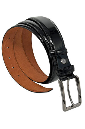 Siyah Rugan Hakiki Deri Düz Renk Dikişli Model 3.5 cm. Genişlikli Klasik Kemer - 201-DKSL