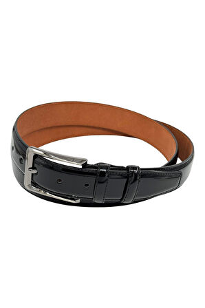 Siyah Rugan Hakiki Deri Düz Renk Dikişli Model 3.5 cm. Genişlikli Klasik Kemer - 201-DKSL