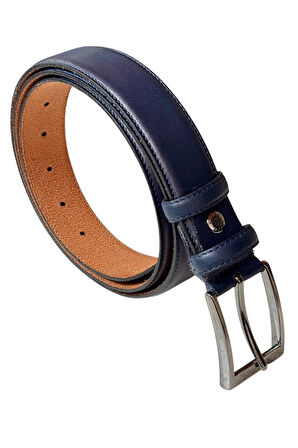 Lacivert Hakiki Deri Düz Renk Dikişli Model 3.5 cm. Genişlikli Klasik Kemer - 205-DKSL