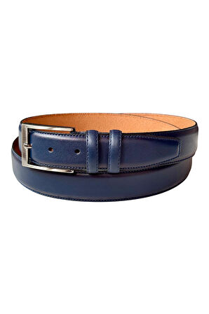 Lacivert Hakiki Deri Düz Renk Dikişli Model 3.5 cm. Genişlikli Klasik Kemer - 205-DKSL