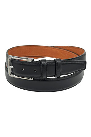 Siyah Hakiki Deri Düz Renk Dikişli Model 3.5 cm. Genişlikli Klasik Kemer - 214-DKSL