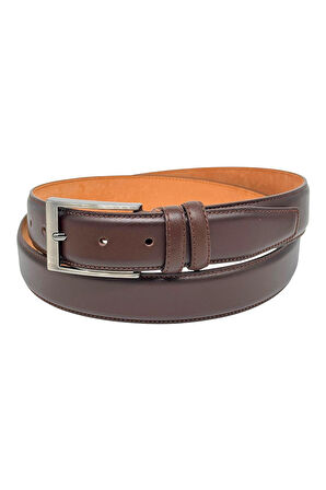 Koyu Kahverengi Hakiki Deri Düz Renk Dikişli Model 3.5 cm. Genişlikli Klasik Kemer - 219-DKSL