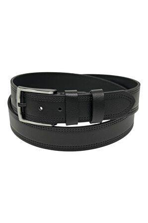 Siyah Hakiki Deri Desenli Çift Dikişli Model 4 cm. Genişlikli Spor Kemer  - 400-28