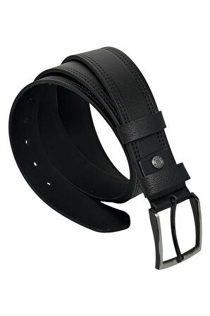 Siyah Hakiki Deri Desenli Çift Dikişli Model 4 cm. Genişlikli Spor Kemer  - 400-28