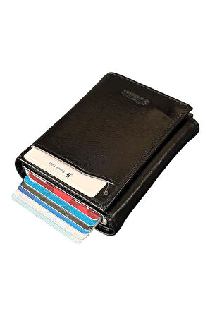 Siyah Otomatik Mekanizmalı Üçe Katlamalı Hakiki Deri Kredi Kartlık - 3007-Siyah