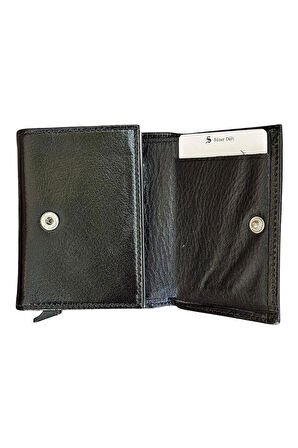 Siyah Otomatik Mekanizmalı Üçe Katlamalı Hakiki Deri Kredi Kartlık - 3007-Siyah