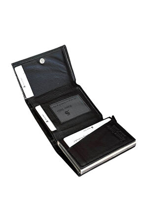 Siyah Otomatik Mekanizmalı Üçe Katlamalı Hakiki Deri Kredi Kartlık - 3007-Siyah