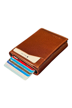 Taba Otomatik Mekanizmalı Üçe Katlamalı Hakiki Deri Kredi Kartlık - 3007-Taba