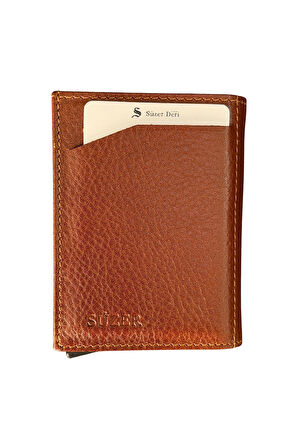 Taba Otomatik Mekanizmalı Üçe Katlamalı Hakiki Deri Kredi Kartlık - 3007-Taba