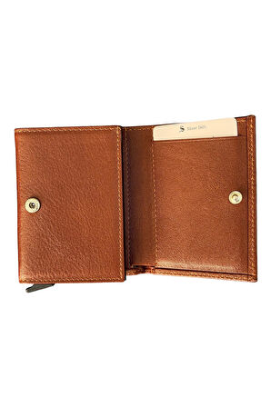 Taba Otomatik Mekanizmalı Üçe Katlamalı Hakiki Deri Kredi Kartlık - 3007-Taba