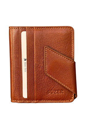 Taba Hakiki Deri İkiye Katlanır Patlı ve Mıknatıslı Model Kredi Kartlık - 3041-Taba