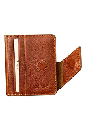 Taba Hakiki Deri İkiye Katlanır Patlı ve Mıknatıslı Model Kredi Kartlık - 3041-Taba