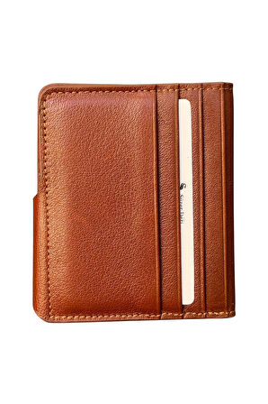 Taba Hakiki Deri İkiye Katlanır Patlı ve Mıknatıslı Model Kredi Kartlık - 3041-Taba