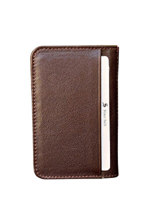 Kahverengi Hakiki Deri Mini Boy İkiye Katlanır Düz Model Kredi Kartlık - 3044-Kahve