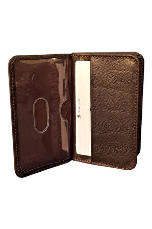 Kahverengi Hakiki Deri Mini Boy İkiye Katlanır Düz Model Kredi Kartlık - 3044-Kahve