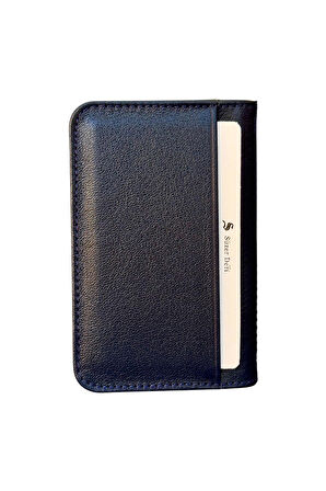 Lacivert Hakiki Deri Mini Boy İkiye Katlanır Düz Model Kredi Kartlık - 3044-Lacivert
