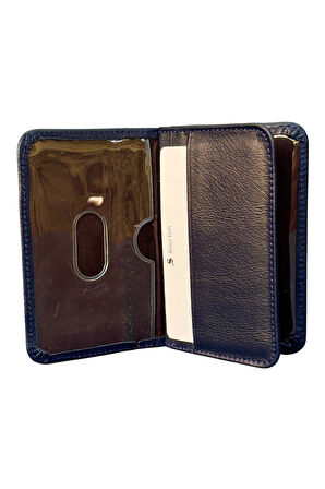 Lacivert Hakiki Deri Mini Boy İkiye Katlanır Düz Model Kredi Kartlık - 3044-Lacivert