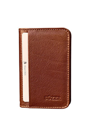 Taba Hakiki Deri Mini Boy İkiye Katlanır Düz Model Kredi Kartlık - 3044-Taba