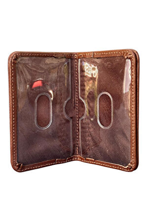 Taba Hakiki Deri Mini Boy İkiye Katlanır Düz Model Kredi Kartlık - 3044-Taba