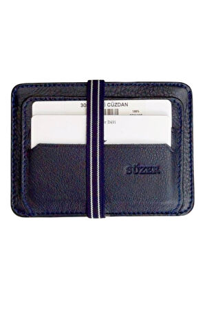 Lacivert Hakiki Deri Lastikli İkiye Katlanır Düz Model Mini Kredi Kartlık - 3051-Lacivert
