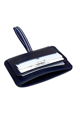 Lacivert Hakiki Deri Lastikli İkiye Katlanır Düz Model Mini Kredi Kartlık - 3051-Lacivert