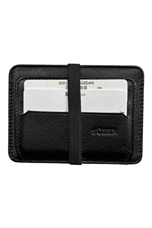 Siyah Hakiki Deri Lastikli İkiye Katlanır Düz Model Mini Kredi Kartlık - 3051-Siyah