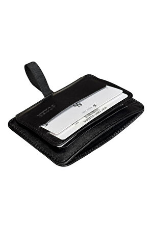 Siyah Hakiki Deri Lastikli İkiye Katlanır Düz Model Mini Kredi Kartlık - 3051-Siyah