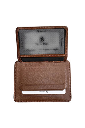 Taba Hakiki Deri Lastikli İkiye Katlanır Düz Model Mini Kredi Kartlık - 3051-Taba