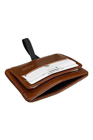 Taba Hakiki Deri Lastikli İkiye Katlanır Düz Model Mini Kredi Kartlık - 3051-Taba