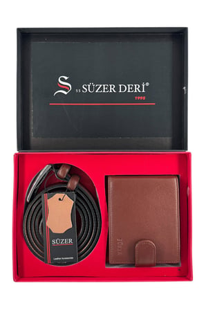 Taba Hakiki Deri Kemer ve Cüzdan Özel Kutulu Hediyelik Set (Damat Bohçası ve Özel Günler İçin)