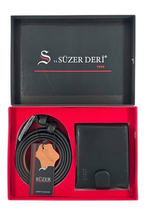 Siyah Hakiki Deri Kemer ve Cüzdan Özel Kutulu Hediyelik Set (Damat Bohçası ve Özel Günler İçin)