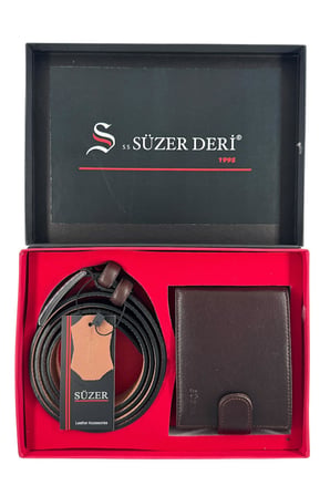Kahverengi Hakiki Deri Kemer ve Cüzdan Özel Kutulu Hediyelik Set (Damat Bohçası ve Özel Günler İçin)