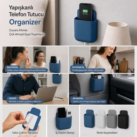 B Yapışkanlı Telefon ve Kumanda Tutucu Organizer, Duvara Güçlü Yapışan Çok Amaçlı Eşya Toparlayıcı