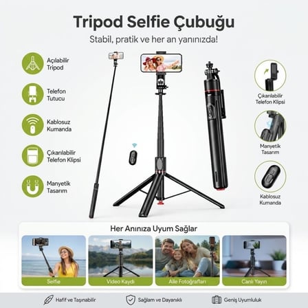 B 130 cm Uzayabilen Manyetik Kumandalı Tripod ve Ayarlanabilir Telefon Tutuculu, Alüminyum Gövdeli Selfie Çubuğu