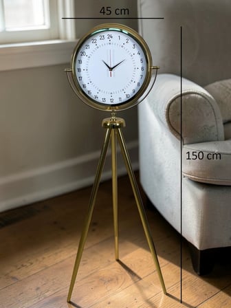 24 Saat Göstergeli Özel Tasarım Gold Tripod Ayaklı Duvar Saati