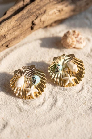 Mey İthalat Gold Renk Deniz Kabuğu Deniz Yıldızı ve Turkuaz Taş Detaylı Küpe