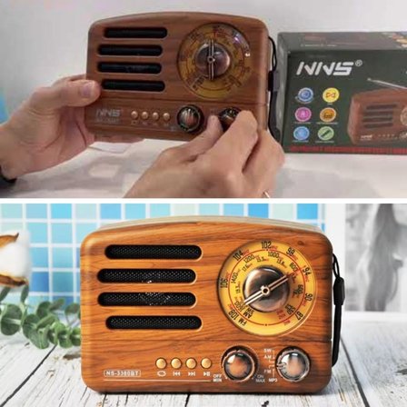 B Küçük Boy Retro, Nostaljik, Ahşap Tasarım Bluetooth Hoparlörlü, Şarjlı, Taşınabilir Büyük Döndürülebilen Düğmeli FM/AM Destekli Radyo NS3380