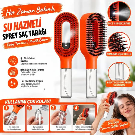 Su Hazneli Spreyli Saç Fırçası, Oval Başlıklı Yuvarlatılmış Uçlu Tarama Dişleri, Şeffaf Hazneli Saç Tarama ve Şekillendirme Fırçası