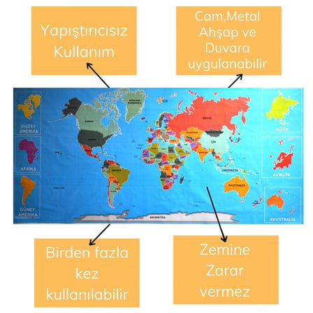 B Renkli Atlas Dünya Haritası Manyetik Yapıştırıcı Gerektirmeyen Duvar Stickerı 118 CM * 56 CM