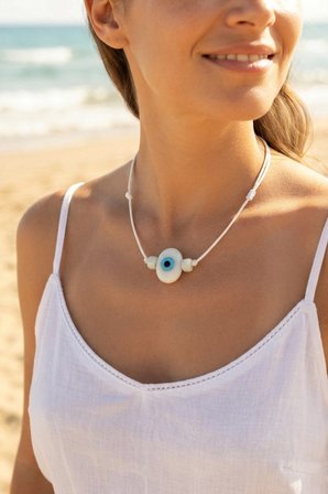 Mey İthalat Handmade Bohem Beyaz Nazar Kolye
