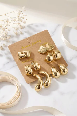 Mey İthalat Metalik Kaplama Gold Renk CCB 6 Çift Kadın Küpe Seti