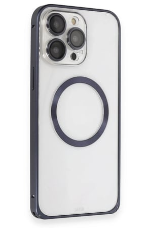 Mey İthalat  iPhone 15 Pro Max Kılıf Metal Bumper Magneticsafe Kapak - Lacivert