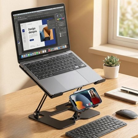 B 2’si 1 Arada Laptop ve Telefon Standı – AlüMetal Ayarlanabilir,Katlanabilir,Ergonomik Yükseltici