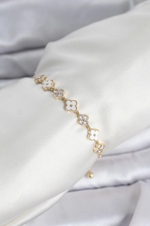 Mey İthalat Gold Renk Zirkon Taşlı Sıralı Yonca Model Asansörlü Kadın Bileklik