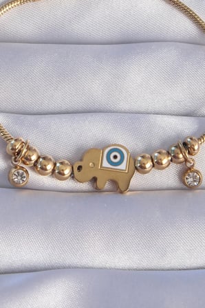 Mey İthalat 316L Çelik Gold Renk Zirkon Taşlı Nazarlı Fil Tasarımlı Bileklik